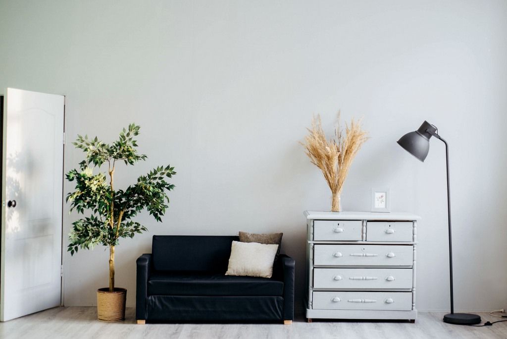 Should We Take Home Loan? A Big Black Couch And A Bench With Some Plants.